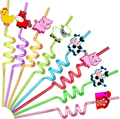24pcs Farm Animals Party Favor Straws,Reusable Drink Birthday Party Straws,Chicken Sheep Horse Cow Pig Farm Party Supplies With 2 Cleaning Brushes...