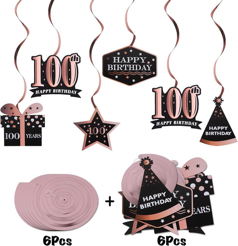 LINGTEER Happy 100th Birthday Decorations - 12 Pcs Birthday Black & Rose Gold Foil Swirls Streamer Set,Cheers to 100 Years Old Bday Party Gift Dec...
