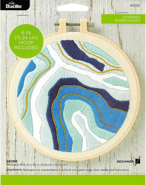 Bucilla 6" Stamped Embroidery Kit, Geode, Includes Fabric, 6” Plastic Hoop, Floss, Needle and Instructions, 49321E......