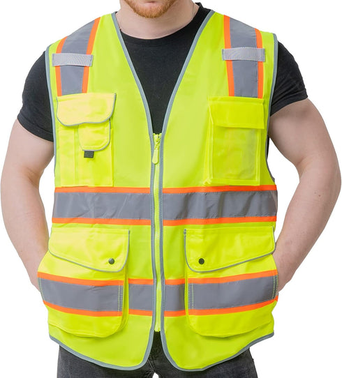 Safety Vest with 9 Pockets Class 2 High Visibility Reflective Vest for Women Men Security Work Wear Meets ANSI/ISEA Standards (KZD-Yellow, 2XL)...