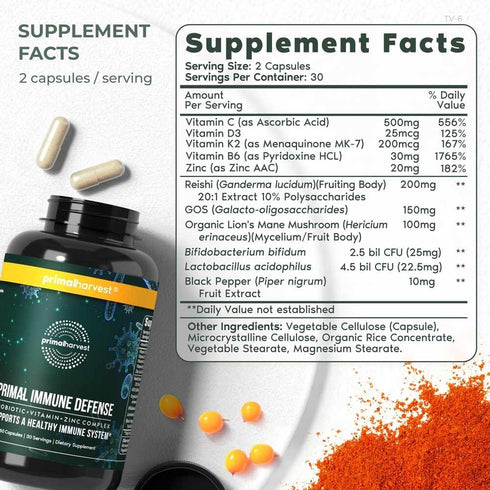 Primal Harvest Primal Immune Defense 10-in-1 Immune Defense Supplement: with 7 Billion CFU Probiotics, Zinc, Vitamins C, B6, D3, K2 - Immune Boost...