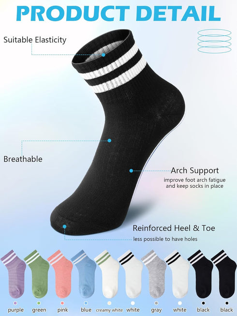 10 Pairs Womens Striped Mini Crew Socks Two Stripes Sports Shoes Socks Soft Breathable Athletic Socks for Girls Women Daily Wear...
