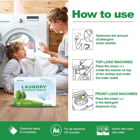 Laundry Detergent Sheets, Eco-Friendly & Hypoallergenic Laundry Detergent Strips, Natural Ingredients, Ultra-Concentrated, Travel-Ready, No Plasti...