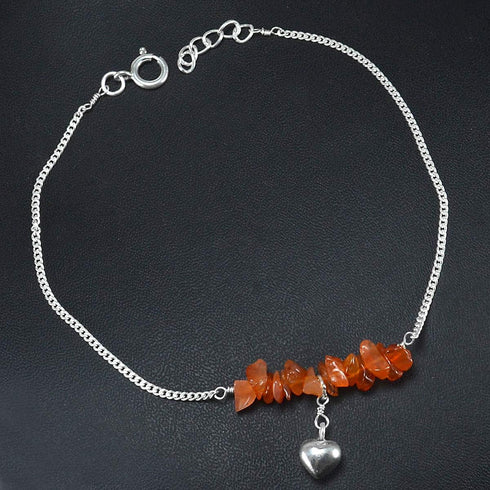 Silvesto India Orange Carnelian Gemstone 925 Sterling Silver Single Piece Anklet...