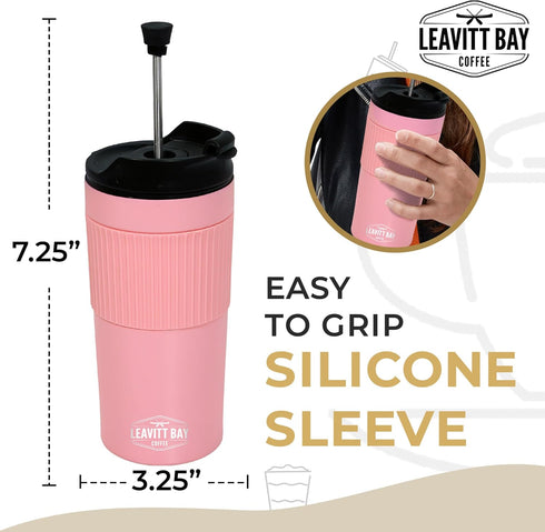 Portable French Press Travel Mug (15oz) - Stainless Steel & Double Wall Vacuum Pink Coffee Maker – Single Serve French Press for Travel, Home, Off...