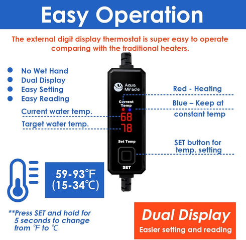 AquaMiracle Upgraded 100W Small Aquarium Heater Fish Tank Heater Turtle Heater Super Mini Aquarium Heater, Dry-Run/Overheating Protection and Memo...