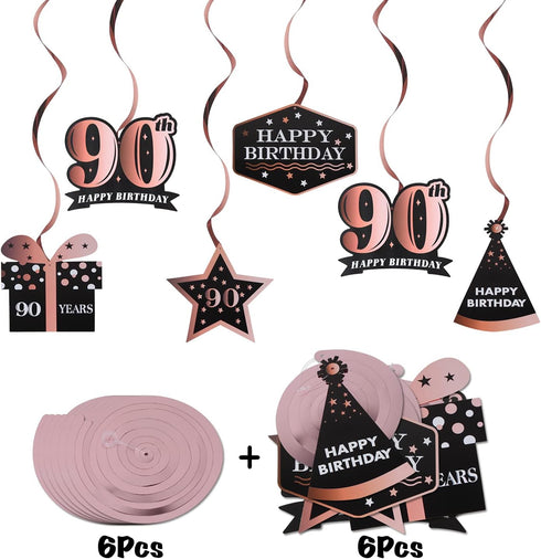 LINGTEER Happy 90th Birthday Decorations - 12 Pcs Birthday Black & Rose Gold Foil Swirls Streamer Set,Cheers to Ninety Years Old Bday Party Gift D...