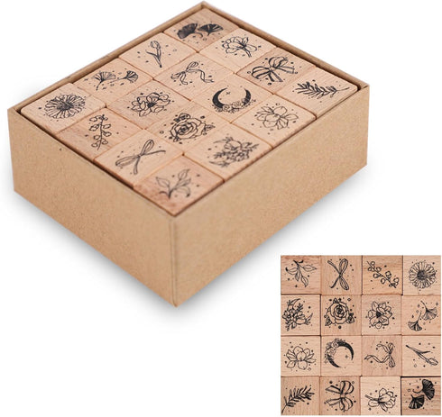 Plant Wooden Rubber Stamps Set - 16 PCS Small Vintage Flower Moon Bowtie Stamps Kit for Scrapbook,DIY Craft Card,Painting,Photo Album (Plant Rubbe...
