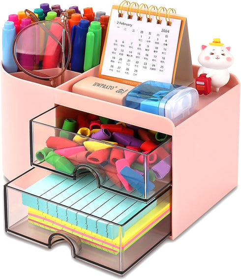Cute Pen Organizer with Drawer, Multi-Functional Small Desktop Accessories Organizers, Pencil Holder for Desk Office Art Supplies (Rounded Desk Or...