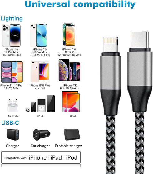 iPhone USB C to Lightning Cable, 2 Pack 10ft MFi 20W iPhone Fast Charger Nylon Braided Extra Long Cord Compatible with iPhone 14/13/12/12 Pro Max/...