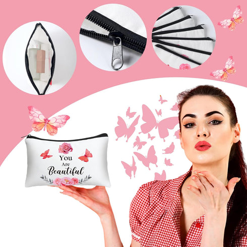 Hillban 10 Pcs Inspirational Gifts Bulk Cosmetic Bag for Women Employee Appreciation Gifts, You Are Amazing Loved Green Leaves Makeup Bags(Butterf...