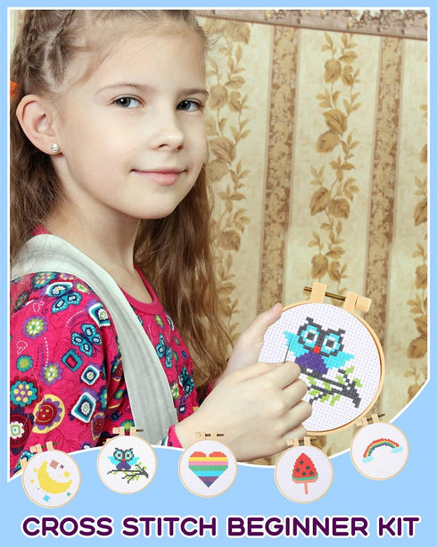 Pllieay Cross Stitch Beginner Kit for Kids 7-13, Includes 6pcs Project Cross Stitch Pattern and 2pcs Hoops, 12 Skeins, Needle Point Starter Kit Se...