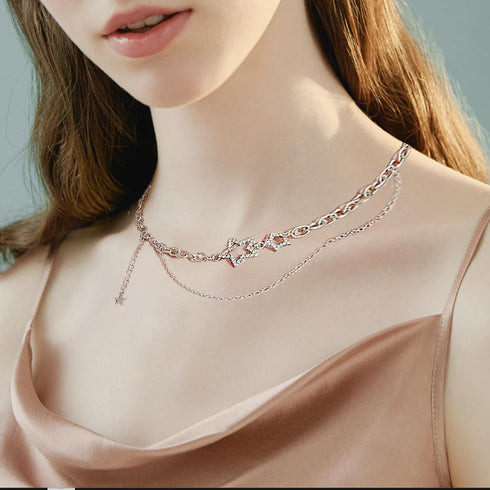Star Necklace Y2k, Double Star Chain Necklaces for Teen Girls, Silver Punk Jewelry Asymmetric Layered Choker Necklace for Women, Idea Gift for Var...