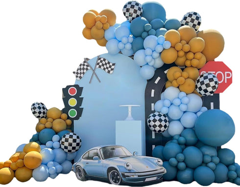 155Pcs Race Car Balloon Garland Arch Kit, Dusty Blue and Yellow Latex Balloon Checkered Foil Balloons for Race Car Truck Two Fast Hot Wheels Birth...