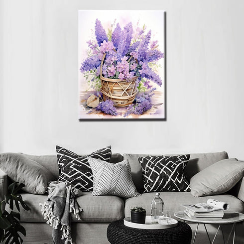 Purple Flowers Lavender Basket Watercolor Painting Paint by Number Spring Flower DIY Painting on Canvas with Brushes Acrylic Paints Paint by Numbe...