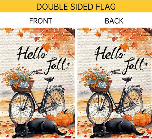 Hello Fall Garden Flag 12x18 Double Sided, Small Burlap Autumn Black Cat Bicycle Garden Flag Fall Thanksgiving pumpkin Outside Outdoor House Yard ...