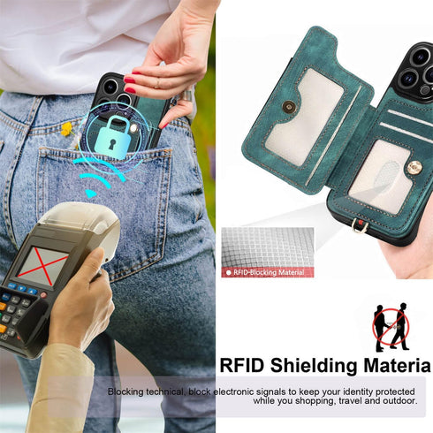 JanCalm iPhone 13 Pro Leather Flip Case, Card Holder, RFID-Blocking, Magnetic, Ring Holder (Green)...