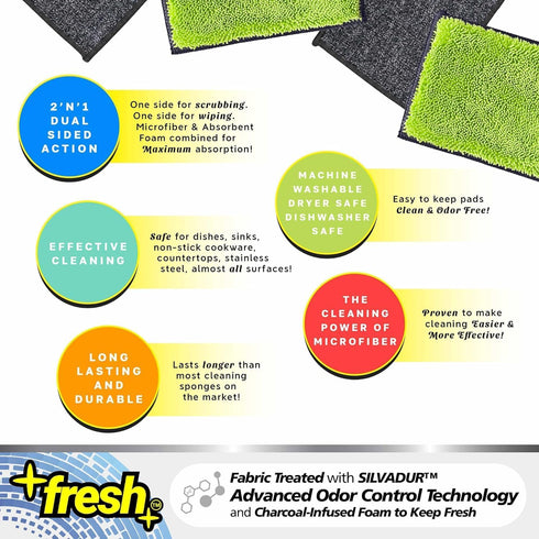 Fresh Professional Microfiber Sponge Cloths, Fabric Treated with SILVADUR Advanced Odor Control Technology and Charcoal-Infused Foam, 6-Pack Spong...