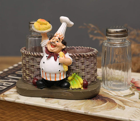 Salt and Pepper Shakers Set,Sitting Chef Decorative Statue Spice Organizer,Glass Spice Jars with Holder Figurine Gift for Family,Kitchen,Restauran...