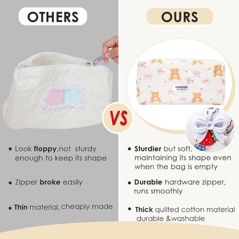 Cute Travel Makeup Bag, Cotton Quilted Small Cosmetic Bag Handmade, Bear Bow Patterns Coquette Aesthetic Floral Pouches Toiletry Brushes Pencil Or...
