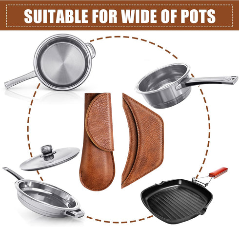 6 Pieces Cast Iron Handle Cover Handmade Thick Skillet Handle Cover Full Grain Frying Pan Sleeve Rustic PU Leather Hot Holder Double Layered Leath...