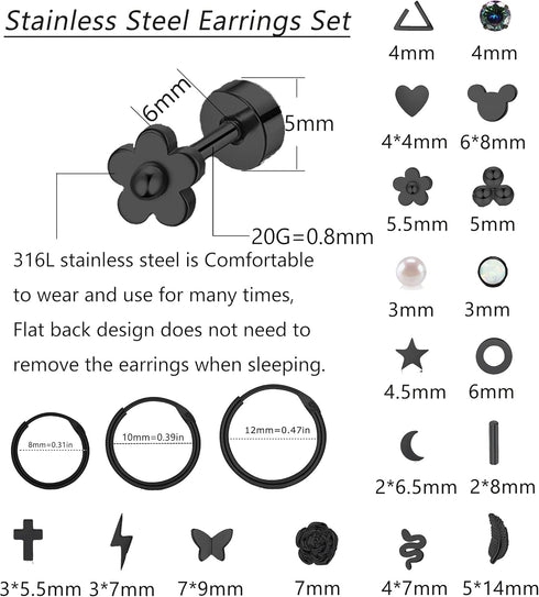 Staligue 21 Pairs Stainless Steel Earrings Set for Women Men Hypoallergenic 20G Flat Back Studs Earrings and Hoop Earrings Set Star Moon flower Sn...