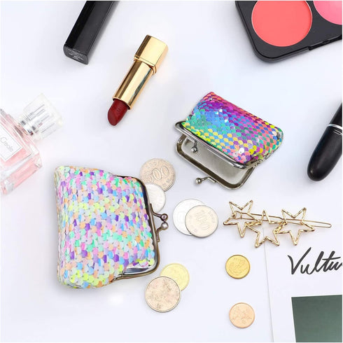 FuninCrea Coin Purse 2 Pieces, Nylon Coin Purses for Women and Girls, Colorful and Double Sided Sequin Coin Wallet, Mini Purse with Kiss Lock for ...