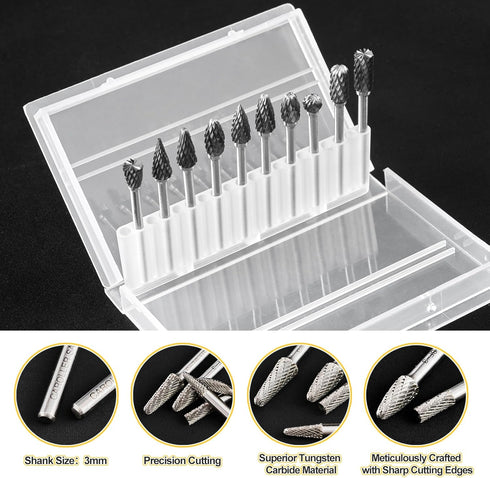 Tungsten Carbide Burr Set, 1/8" Shank 10PC Double Cut Die Grinder Rotary Tool Cutting Burrs Set for Metal and Wood Working Carving, Engraving, Pol...