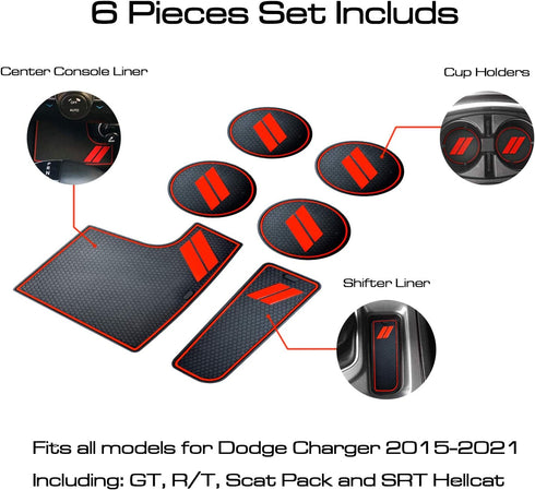 HAMSAM for Dodge Charger Accessories 2015-2021 Anti Dust Cup Holder Inserts, Door Pocket Liners and Center Console Liner Mats Premium Custom Inter...
