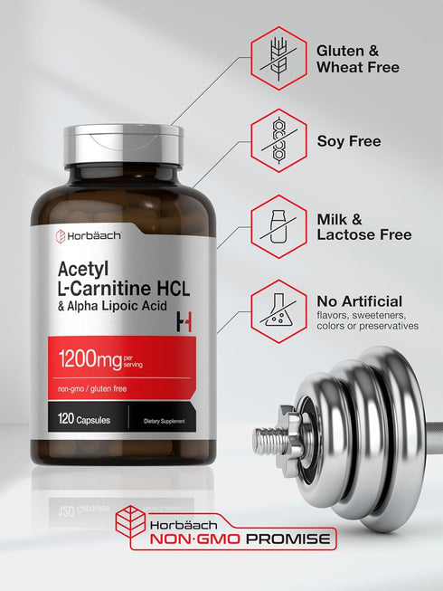 Horbaeach Acetyl L Carnitine HCL & Alpha Lipoic Acid 1200mg | 120 Capsules | ALC ALA Complex | Non-GMO & Gluten Free Supplement...