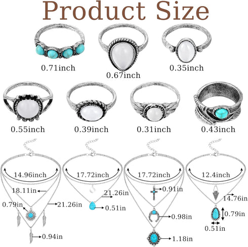 22 Pcs Western Choker Necklaces Rings Sets for Women, Western Bead Choker Silver Boho Turquoise Drop Pendant Necklaces Turquoise Rings Bohemian Hi...