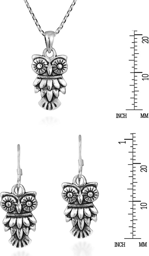 AeraVida Wide-Eyed Owl .925 Sterling Silver Necklace Earrings Jewelry Set...
