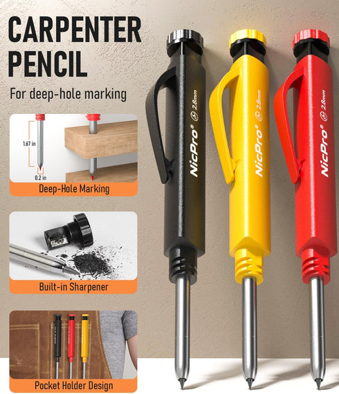Nicpro 3 Pack Carpenter Pencil Set with Sharpener & Finger Grip, Mechanical Woodworking Pencils with 39 Refills (Red, Black, Yellow), Deep Hole Ma...