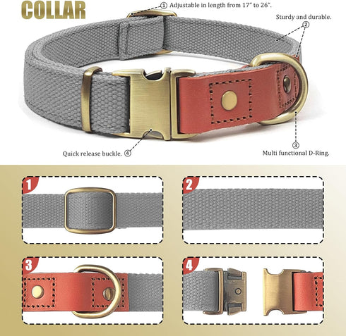 QRDA Dog Collar and Leash Set Silver Gray Adjustable Durable Nylon Pet Collars with Leashes Tactical Dog Leash Breakaway Dog Collar for Small/Medi...