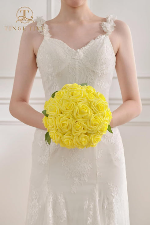 TINGE TIME Yellow Flowers Artificial Rose 25pcs Realistic Fake Roses for DIY Wedding Bouquet Baby Shower Centerpiece Floral Arrangement Party Home...
