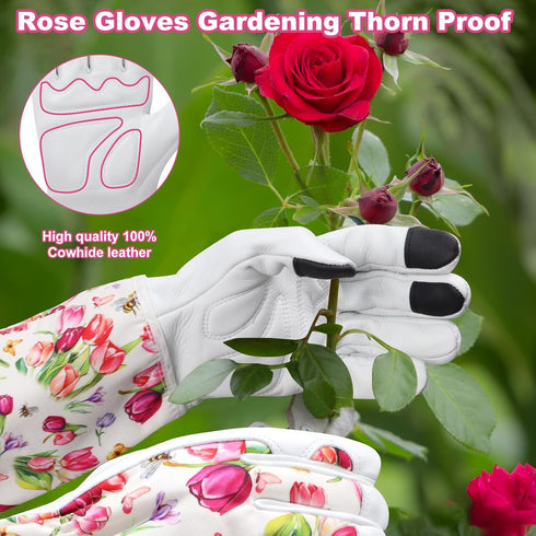 Gardening Gloves for Women, Rose Gloves Gardening Thorn Proof, Long Garden Gloves for Women, Breathable Cowhide Leather Gauntlet (Large, White)...