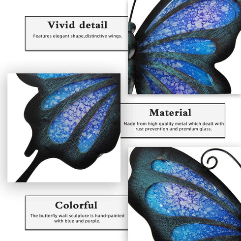 HONGLAND Metal Butterfly Wall Decor Outdoor Indoor Art Sculpture Hanging Glass Decorations Blue for Home Garden Bedroom...