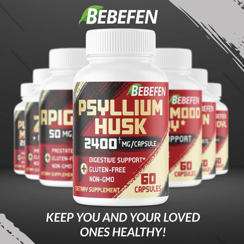 BEBEFEN Psyllium Husk Capsules 2400mg with Black Pepper - 2 Month Supply - Daily Soluble Fiber for Gut Health - Non-GMO and Gluten-Free Formula...