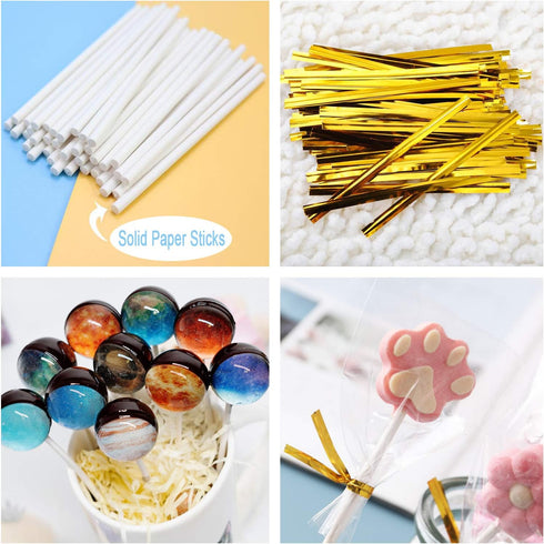 300PCS Lollipop Cake Pop Treat Bag Set Including 100pcs Parcel Bags, Papery Treat Sticks, Gold Metallic Twist Ties for Making Candies, Chocolates ...