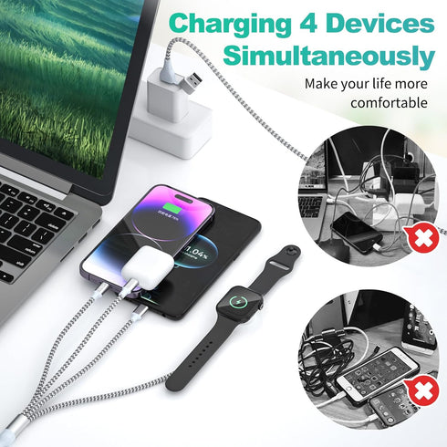 4 in 2 Watch & Phone Charger Cable, Upgraded for Apple Watch Charger USB A/C Multi Charging Cable-Nylon-Braided Magnetic Wireless Charging Cord fo...