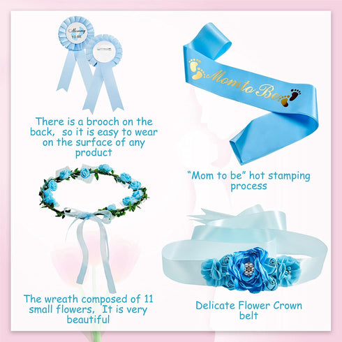 Xinnun 5 Pcs Baby Shower Maternity Sash Kit Shoulder Sash and Pin Daddy Corsages Flower Crown Pregnancy Sash Rose Wreath Headdress for Baby Shower...