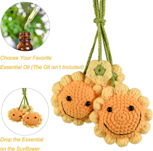 Car Interior Rear View Mirror Ornament Hanging Accessories Handmade Aesthetic Decor Crochet Sunflower Plant, 2 PCS...