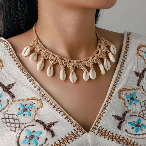 Boho Cowrie Shell Choker Necklace Khaki Handmade Adjustable Rope Necklaces Beach Seashell Chain for Women...