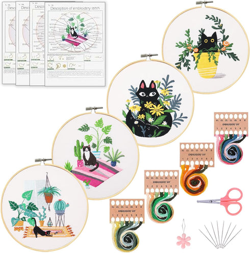 Santune 4pcs Embroidery Kit with Cat and Plant Patterns, Instructions for Beginners Cross Stitch Kits for Adults,2 Embroidery Hoops,Color Threads ...