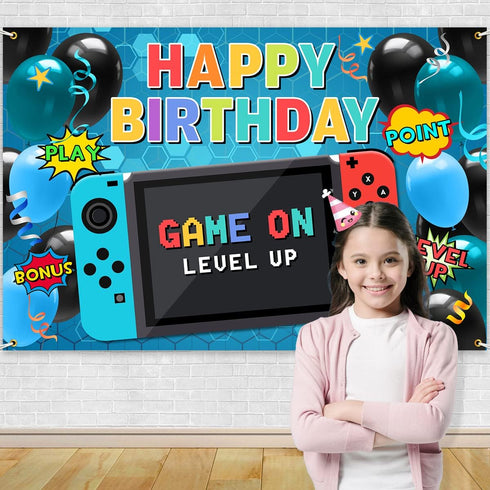 Video Game Party Supplies Happy Birthday Gaming Banner Game on Birthday Party Backdrop,Video Game Backdrop Gaming Party Props Party Accessory Part...