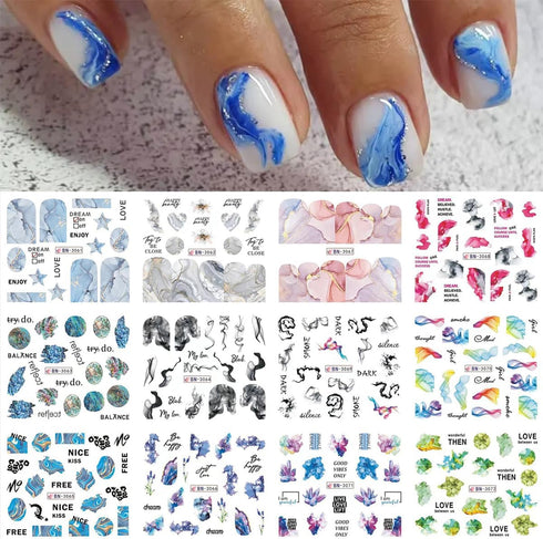 12 Sheets Marble Nail Water Transfer Stickers Colorful Marble Patterns Nail Design Nail Art Stickers Irregular Wave Geometry Line Sliders Nail Dec...