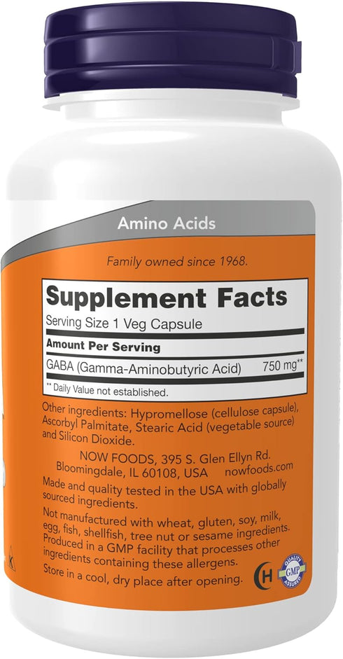 NOW Supplements, GABA (Gamma-Aminobutyric Acid) 750mg, Neurotransmitter Support*, 100 Veg Capsules...