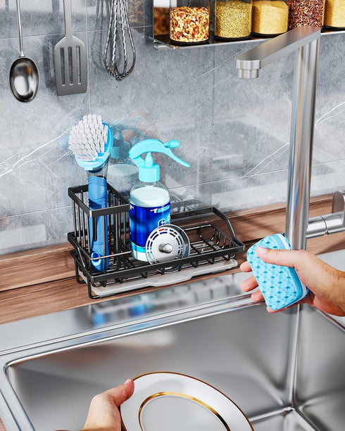 Consumest Sponge Holder for Kitchen Sink - Sink Caddy Kitchen Sink Organizer with Removable Drip Tray for Countertop Dish Soap Dispenser Brush Sto...