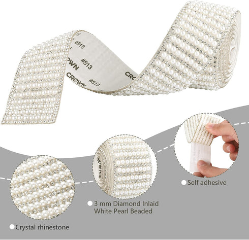 3 Rolls Pearl Diamond Self Adhesive Ribbon Rhinestone Pearl Beaded Ribbon Sticker Crystal Chain Banding for Crafts DIY Wedding Birthday Party Phon...