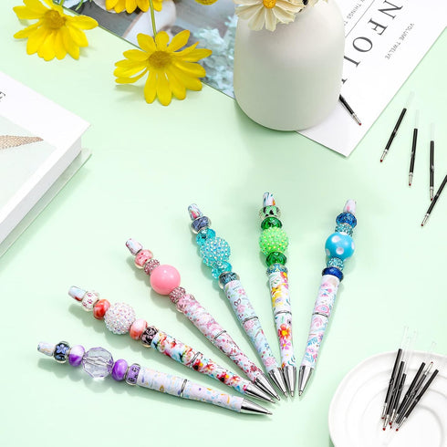 12 Pcs Plastic Beadable Pens Floral Bead Pens Spring Flowers Assorted Bead Pen Ballpoint Pen Shaft Black Ink Beaded Pens with 12 Pcs Refills for D...